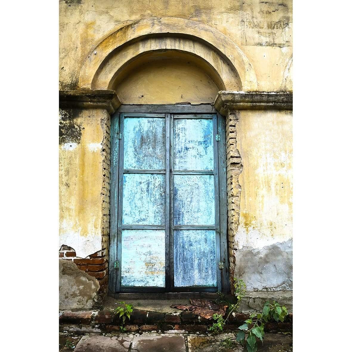 Allenjoy Blue Wooden Window Photography Backdrop Yellow Loess Mud Wall Photography Studio - Allenjoystudio