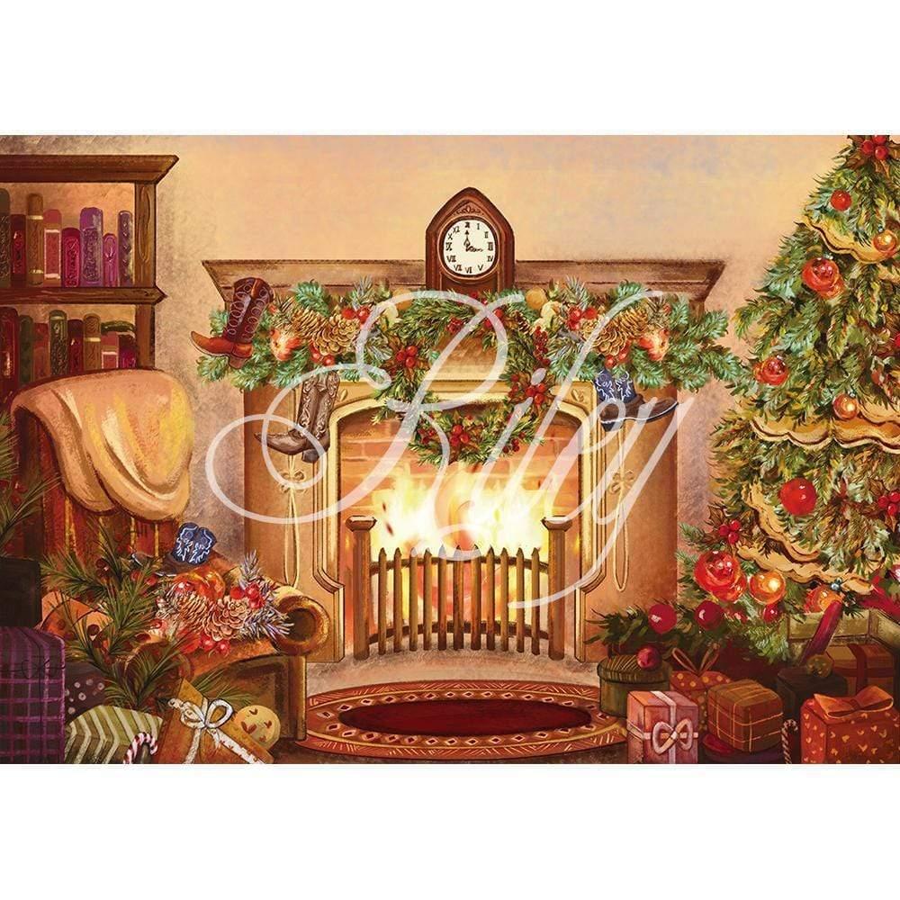 Allenjoy Christmas Backdrop Warm Fireplace  Retro Hand-Painted for Family Children Photoshoot - Allenjoystudio