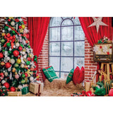 Allenjoy Christmas Tree Red Curtain Window Pillow Brick Wall Backdrop