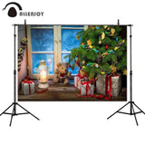 Allenjoy Christmas Window Background  Pine Tree Indoor Gift Toy Bear Real Photo Backdrop
