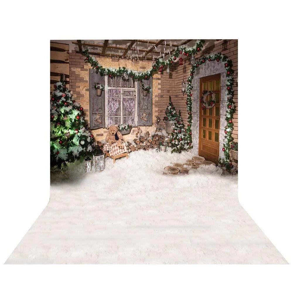 Allenjoy Christmas House Outside Wooden around Window Snowy Backdrop - Allenjoystudio