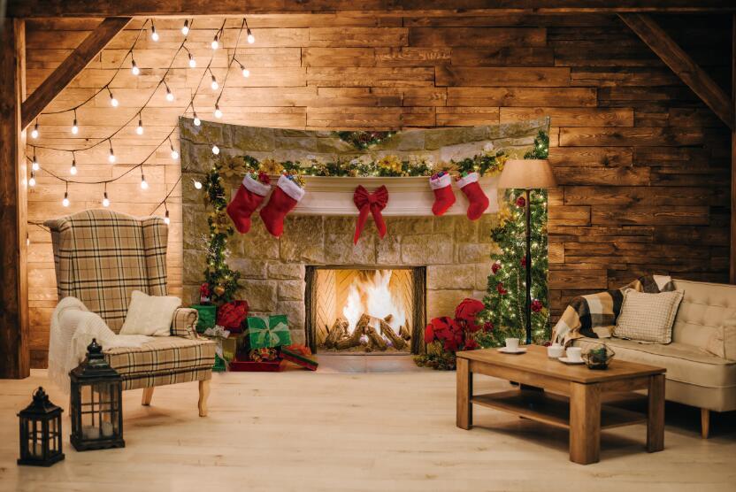 Allenjoy Christmas Xmas Fireplace Backdrop Tree Stockings Backdrop - Allenjoystudio