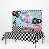 Allenjoy Disco 90 Party Balloon Car Backdrop White and Black Plaid Tablecloth - Allenjoystudio