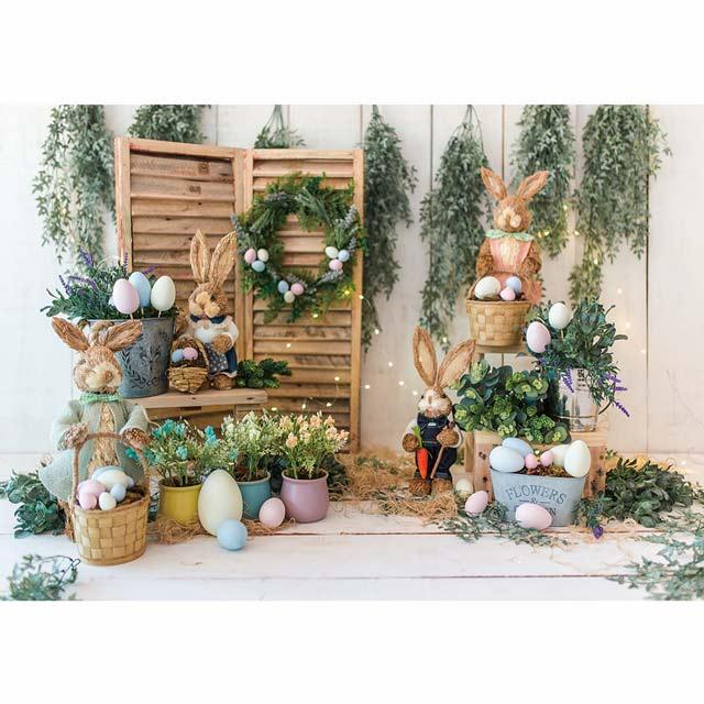 Allenjoy Easter Backdrop Spring Rustic Wooden Wall Colorful Eggs Rabbit for Minisession - Allenjoystudio