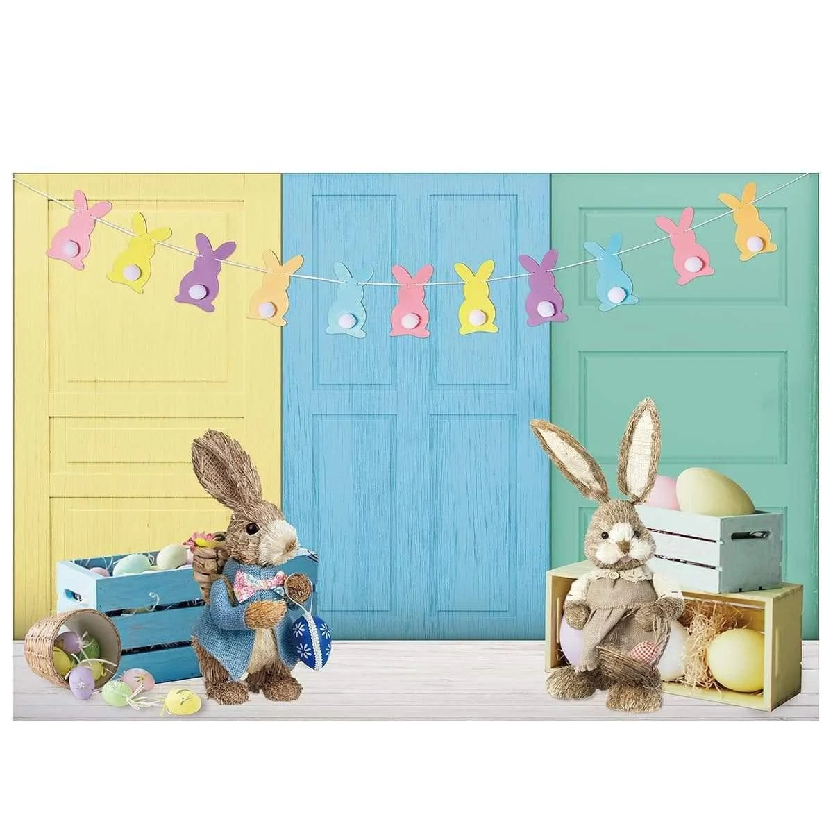Allenjoy Easter Bunny Colorful Flag Wood Door Backdrop - Allenjoystudio