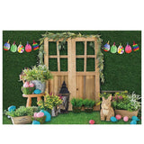 Allenjoy Easter Grass Backgroud Cute Rabbit Wooden Door