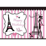 Allenjoy Eiffel Tower Paris Pink and White Stripe Backdrop for Sweet 16