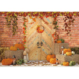 Allenjoy Fall Rustic Door Pumpkin Farm Leaves Red Brick Wall Backdrop - Allenjoystudio