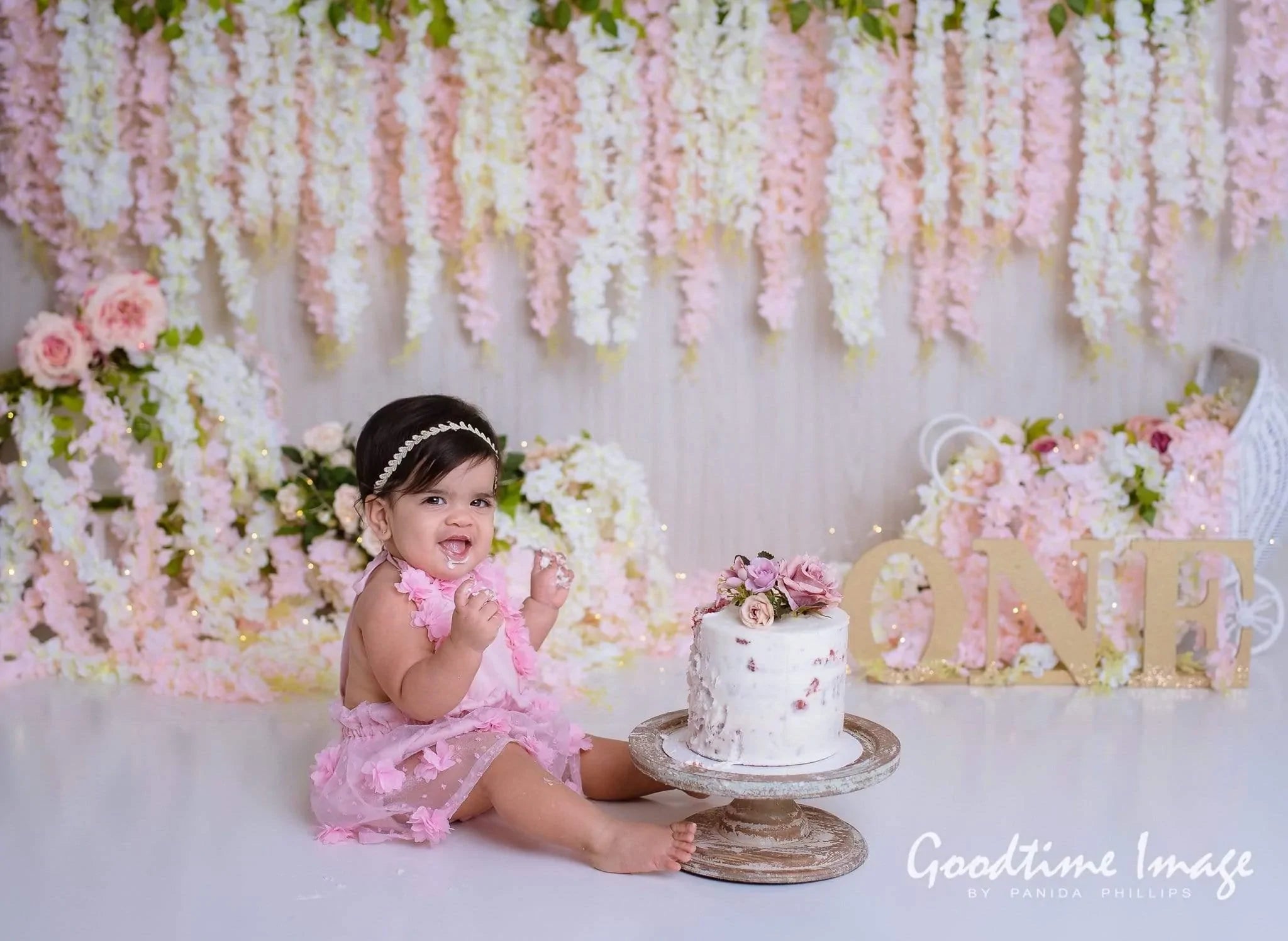 Allenjoy Pink and White Floral Baby Carriage Backdrop for Valentine's Day Designed by Panida Phillips - Allenjoystudio