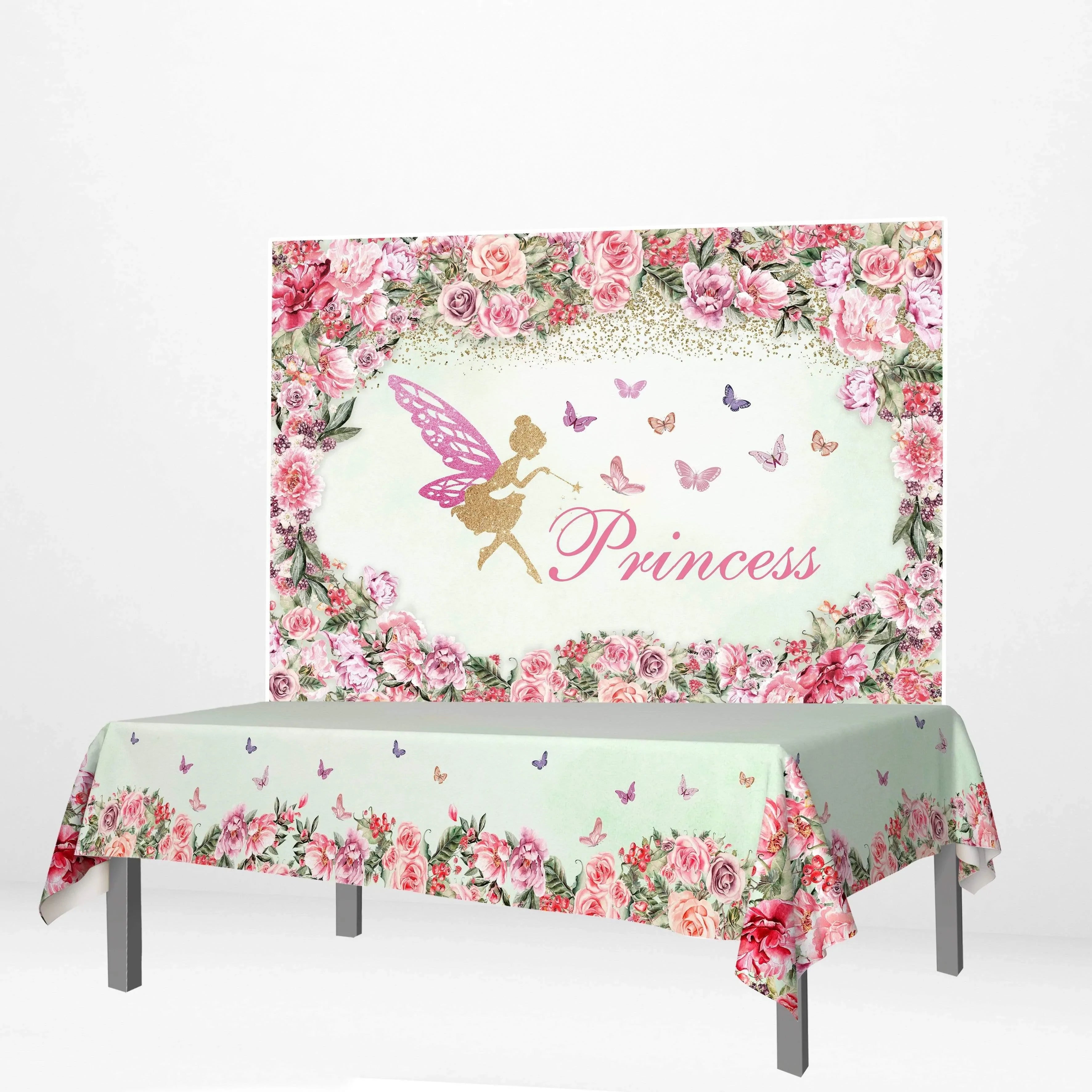 Allenjoy Floral Princess Butterfly Banner Tablecloth for Girls Birthday - Allenjoystudio