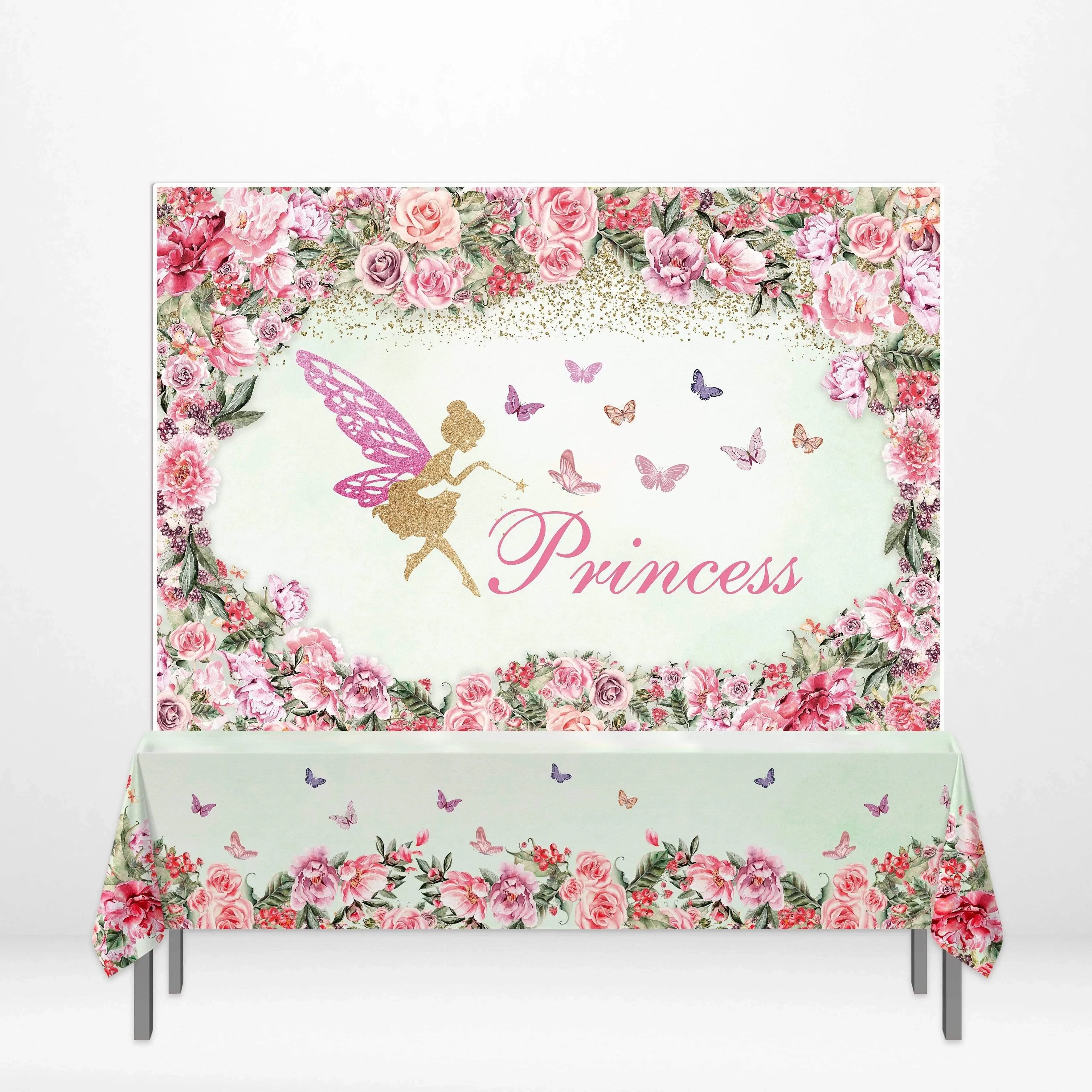 Allenjoy Floral Princess Butterfly Banner Tablecloth for Girls Birthday - Allenjoystudio