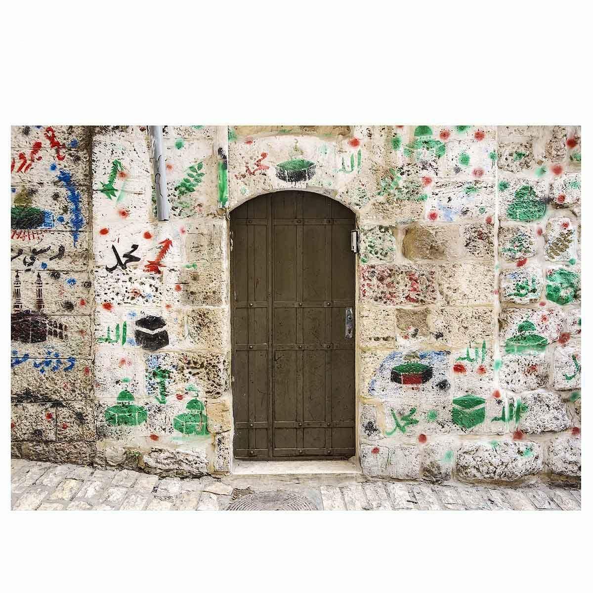 Allenjoy Graffiti background Colorful White Stone Wall Dark Brown Arched Door Backdrops - Allenjoystudio