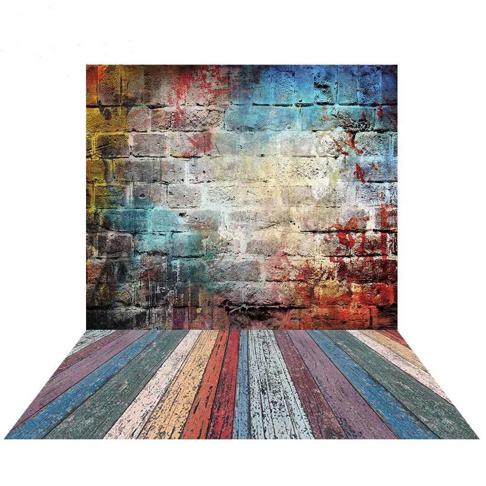 Allenjoy Graffiti Brick Wall Colorful Wooden Floor Backdrop - Allenjoystudio