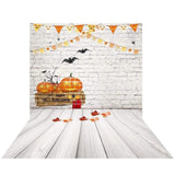 Allenjoy Pumpkin Bats Flags White Brick Wall Wooden Floor Backdrop