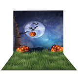 Allenjoy Halloween Pumpkin Lantern on the Grass Fullmoon Spirewide Bats Backdrop - Allenjoystudio