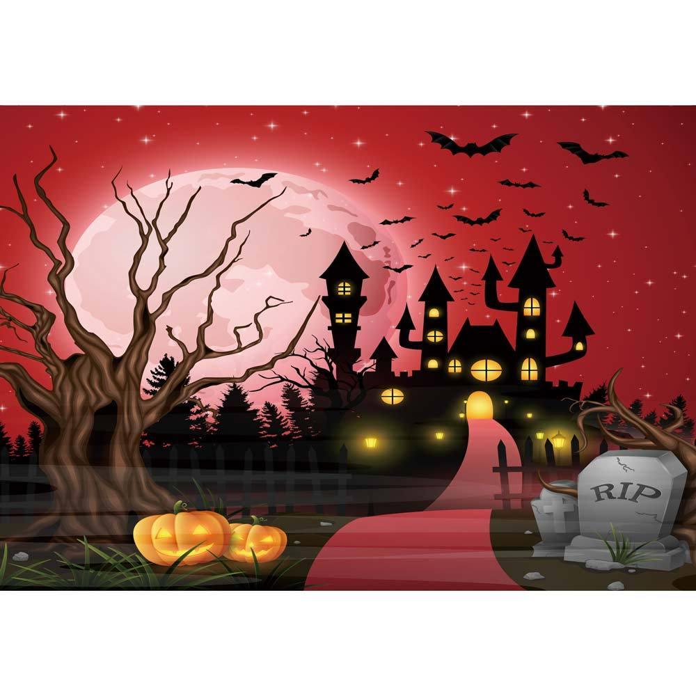 Allenjoy Halloween Scary Castle Pumpkin Red Moon Bat Cemetery Backdrop - Allenjoystudio