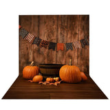 Allenjoy String of Flags Decor on Board Pumpkin Wooden Floor Backdrop