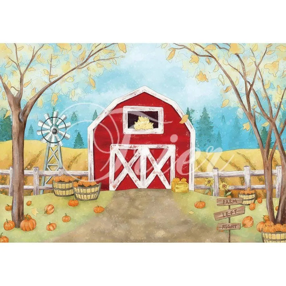 Allenjoy Hand Painted Farm Red House Pumkin Maple Leaves for Thanksgiving day Autumn - Allenjoystudio