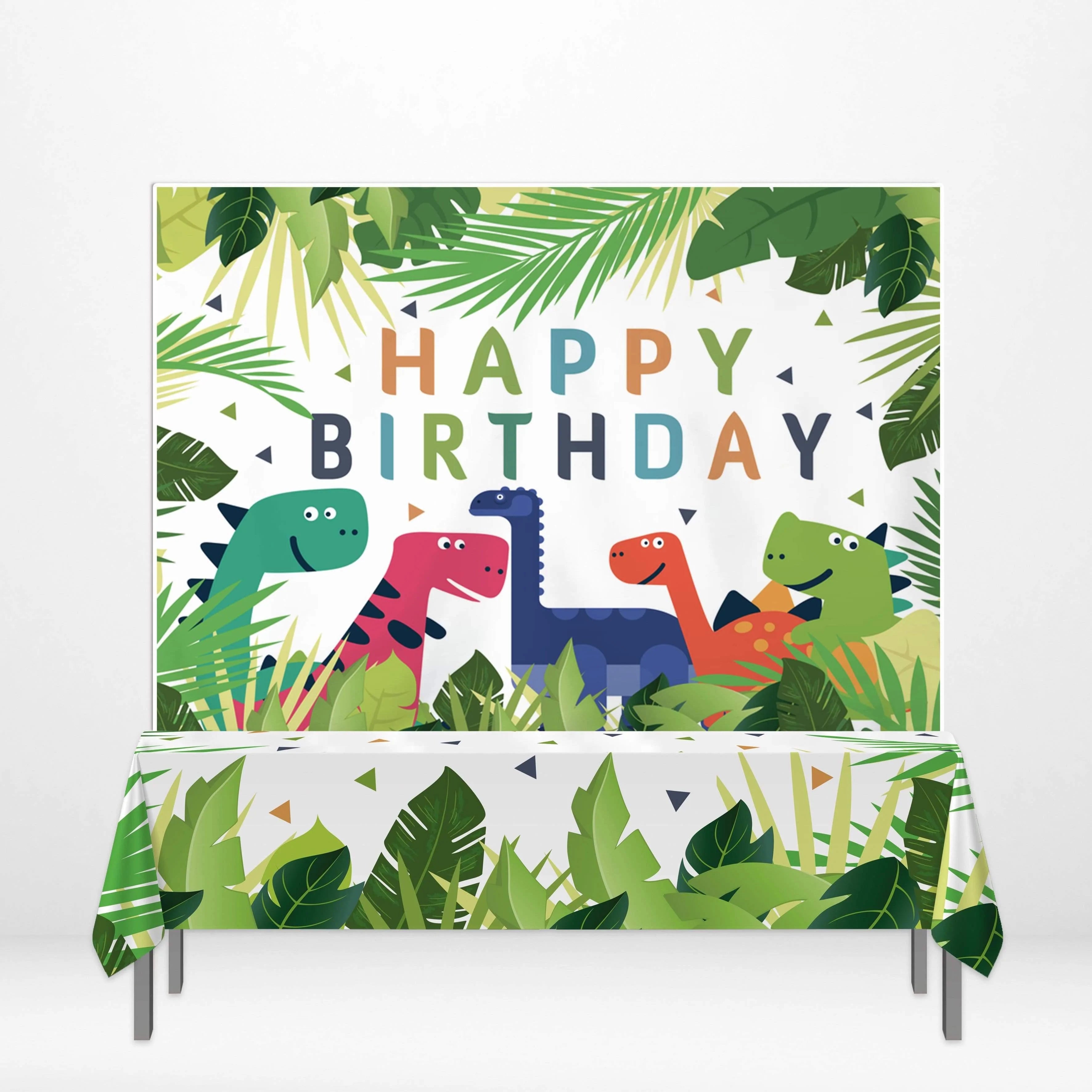 Allenjoy Happy Birthday Cartoon Dinosaur Palm leaves Banner Tablecloth - Allenjoystudio
