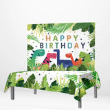 Allenjoy Happy Birthday Cartoon Dinosaur Palm leaves Banner Tablecloth - Allenjoystudio