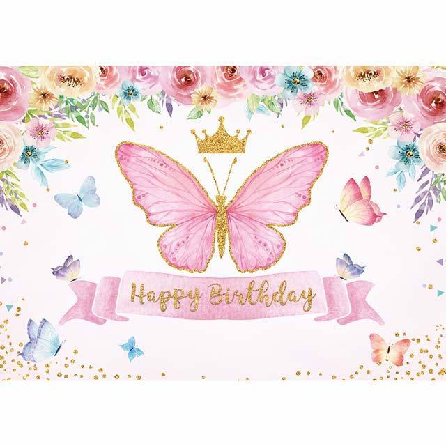 Allenjoy Happy Birthday Pink Flower and Butterfly Backdrop - Allenjoystudio