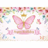 Allenjoy Happy Birthday Pink Flower and Butterfly Backdrop