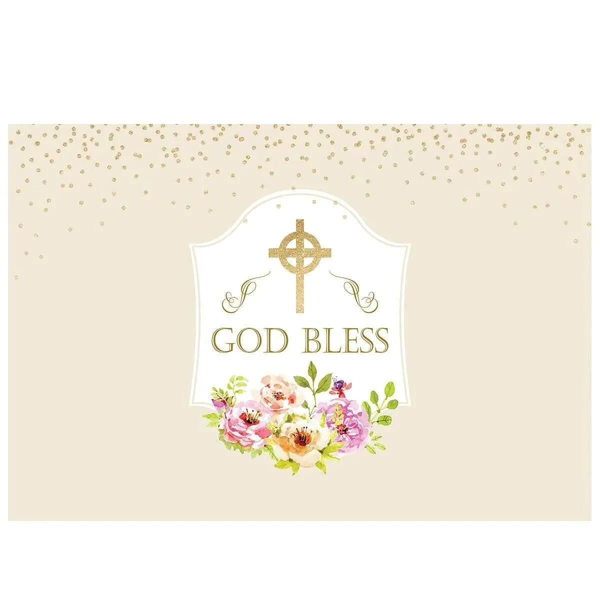 Allenjoy Communion Baptism Gold Dots Cross Flowers Bless Backdrop - Allenjoystudio