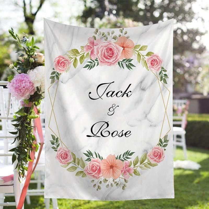 Allenjoy Marble Background Personalized Floral Frame Backdrop for Wedding Bridal Shower Anniversary - Allenjoystudio