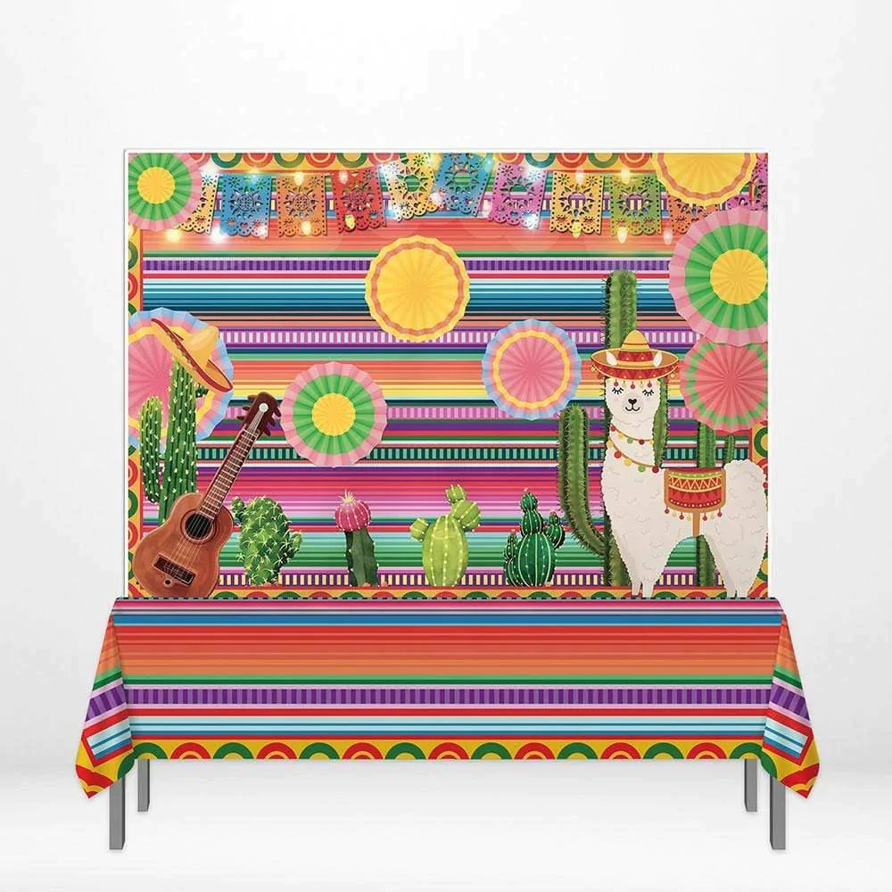 Allenjoy Mexico Flags Cactus Guitar Banner Colorful Stripes Tablecloth - Allenjoystudio