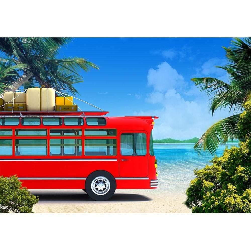 Allenjoy Summer Red Bus Sea Travel Backdrop - Allenjoystudio