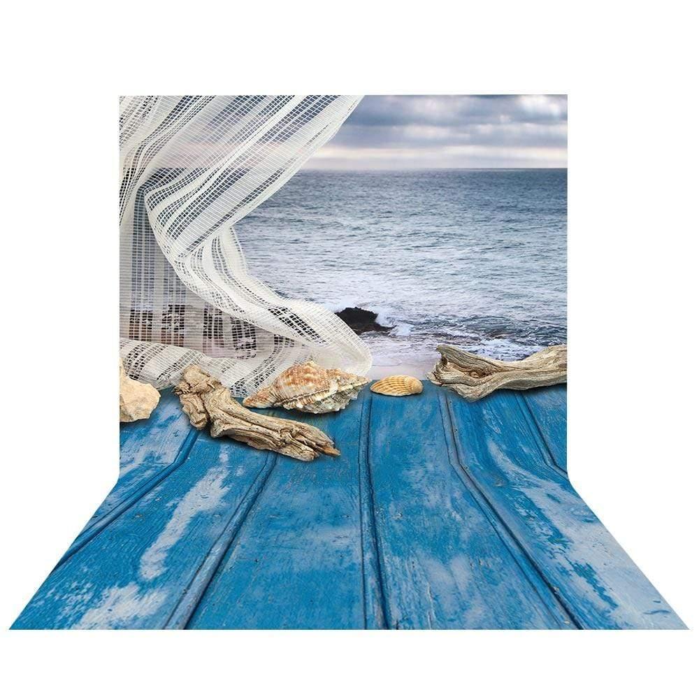 Allenjoy Summer Backdrop Sea Shells Blue Wood Floor Backdrop - Allenjoystudio