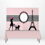 Allenjoy Pink Eiffel Tower Lady Dog Romantic Backdrop Stripes Tablecloth