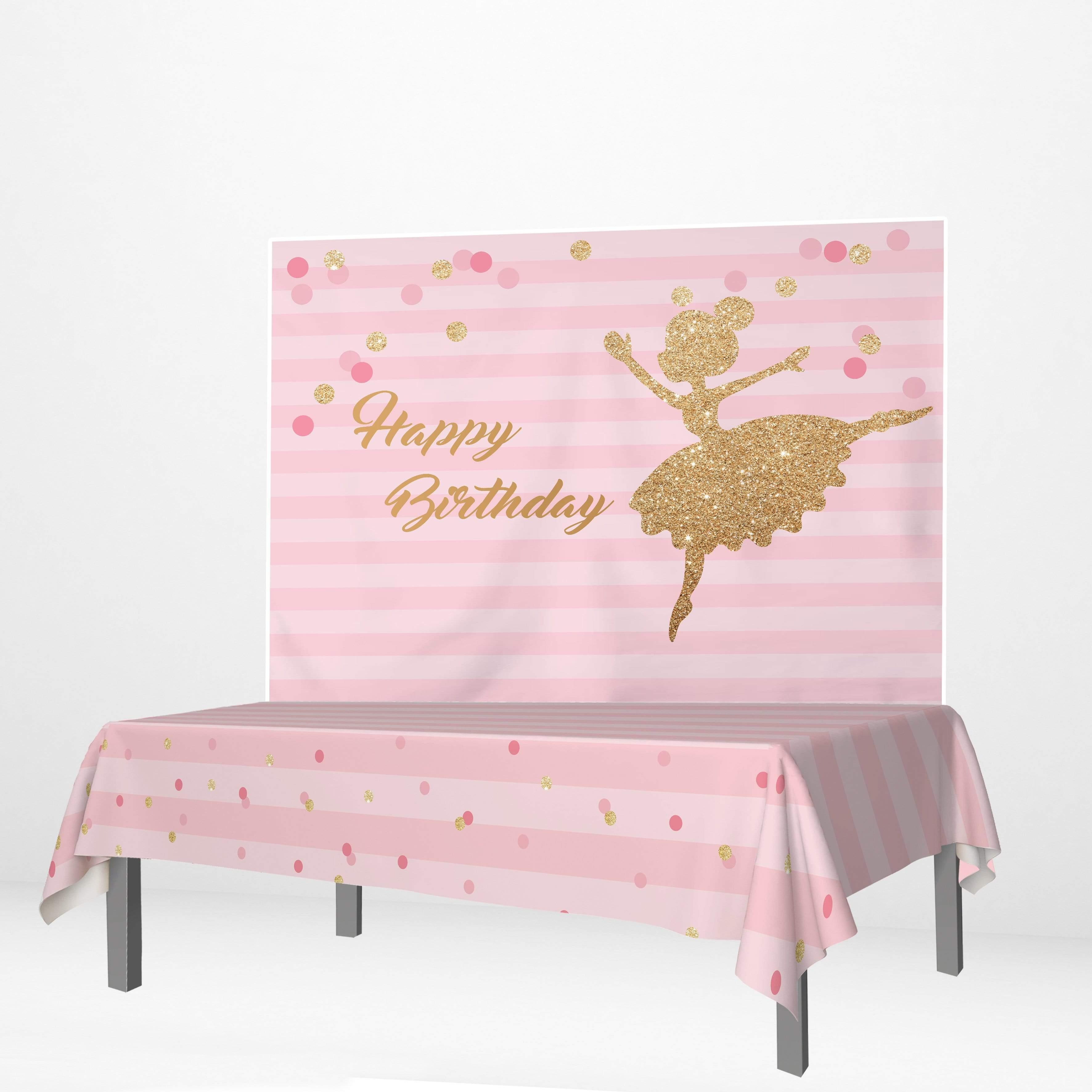 Allenjoy Pink Strips Happy Birthday Ballet Girl Banner Tablecloth - Allenjoystudio