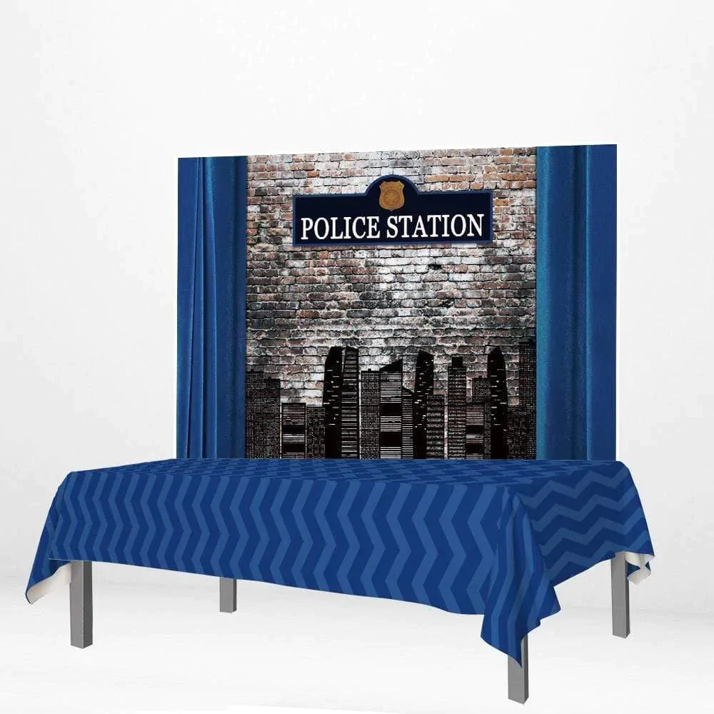 Allenjoy Police Station Brick Wall Curtain Banner Blue Stripes Tablecloth - Allenjoystudio