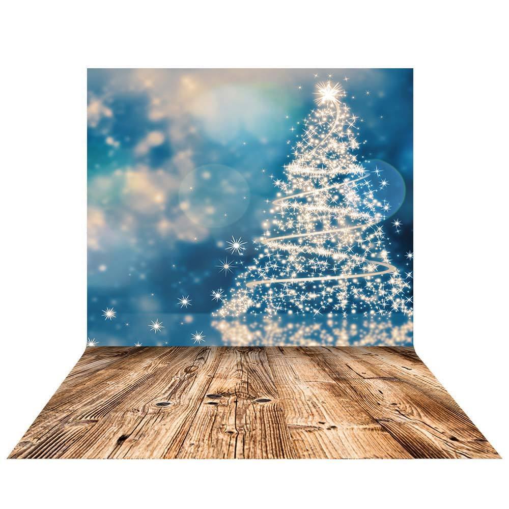 Allenjoy Blue Bokeh Christmas Tree Backdrop with Wood Floor - Allenjoystudio