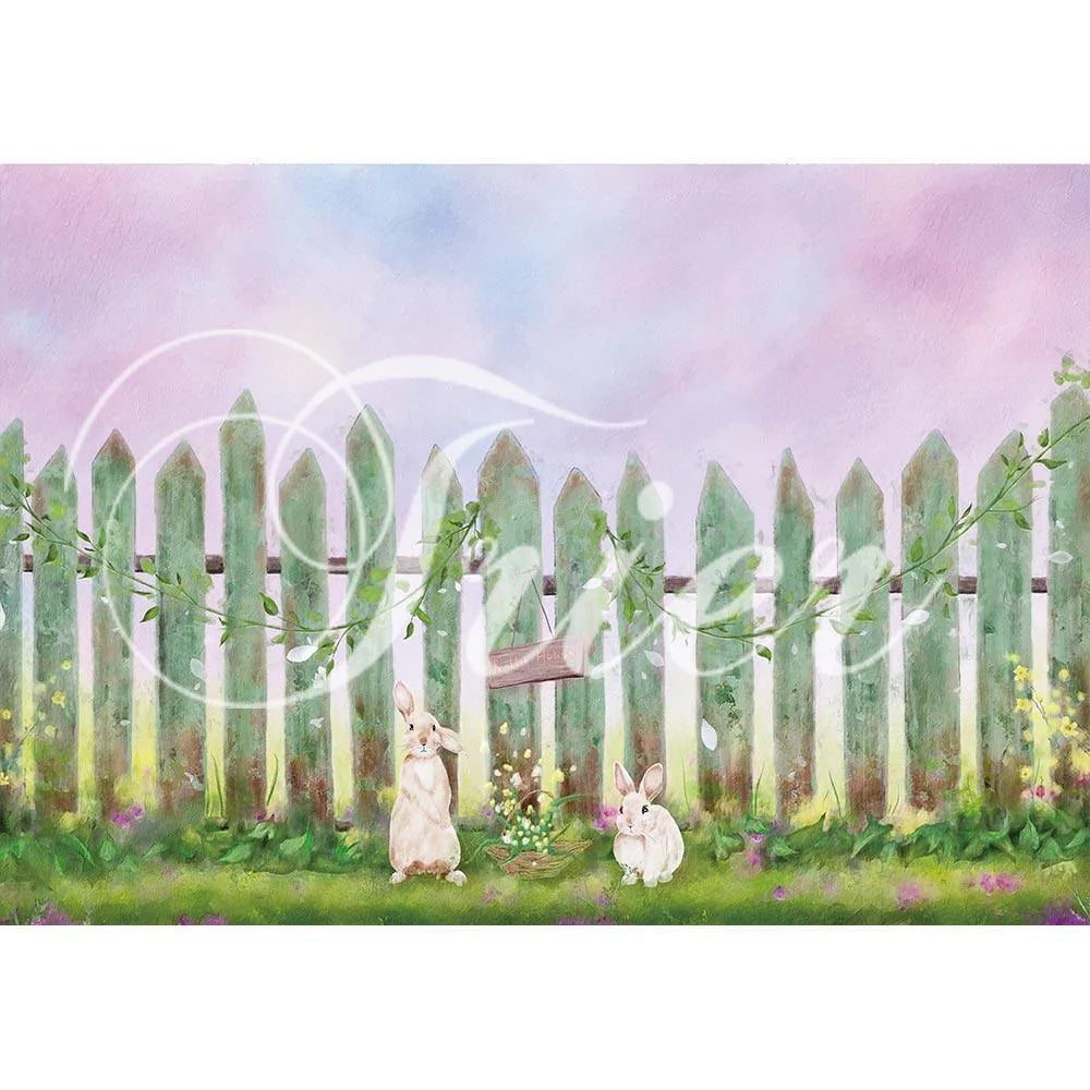 Allenjoy Spring Backdrop Rabbit Fence Grass Purple Fantasy Sky for Easter - Allenjoystudio