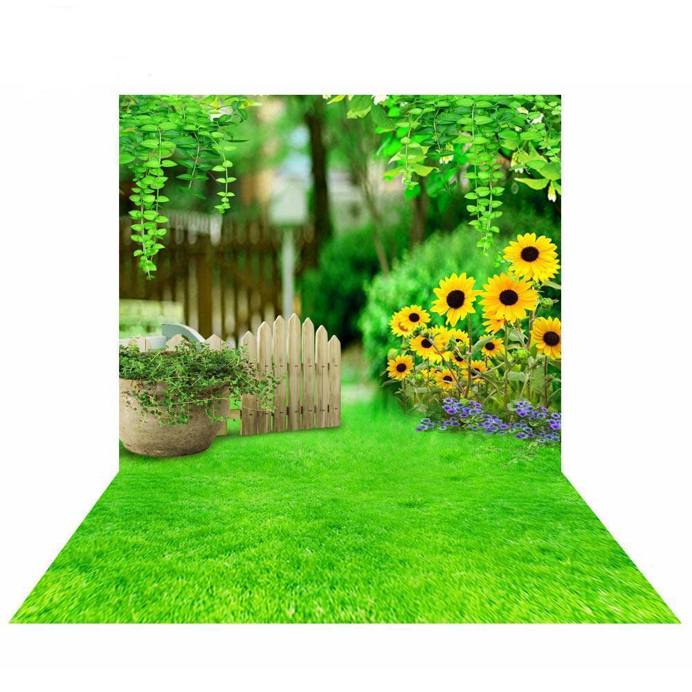 Allenjoy Spring Garden Fence Green Grass Bokeh Sunflower Backdrop - Allenjoystudio