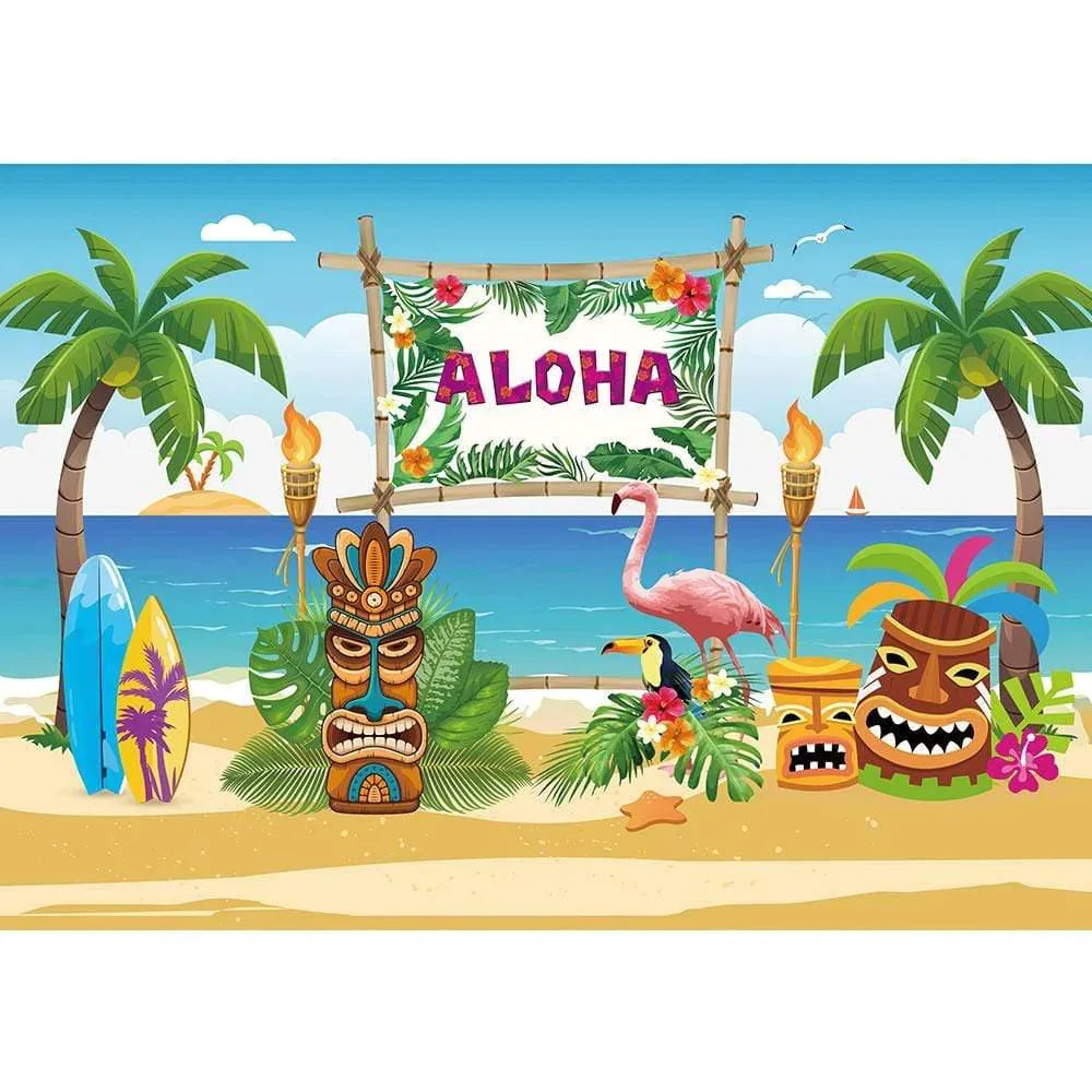 Allenjoy Beach Surfboard Flamingo Coconut Tree Backdrop for Aloha Party - Allenjoystudio