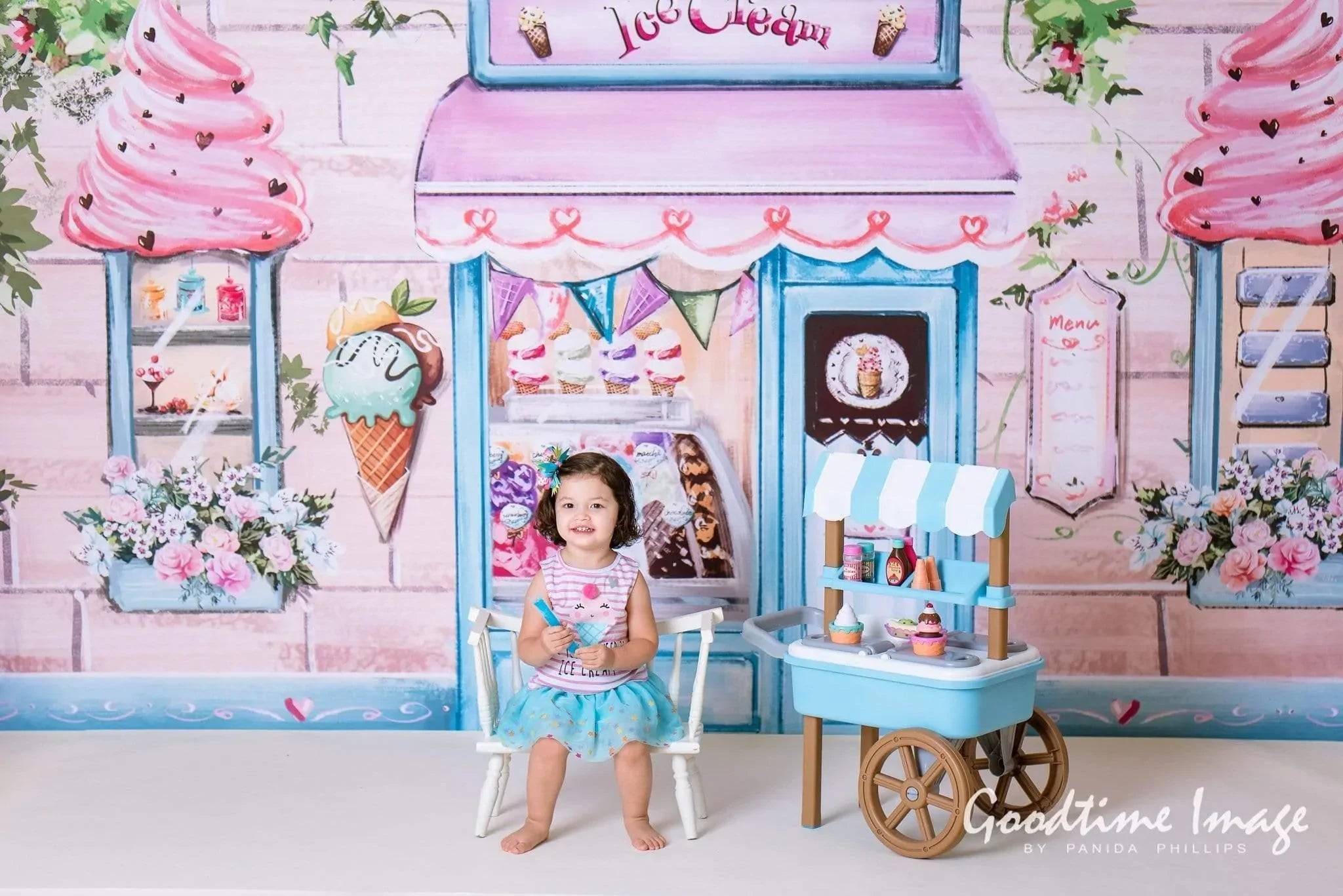 Allenjoy Summer Ice Cream Backdrop Pink Brick Wall Flower for Girls Birthday Party - Allenjoystudio