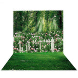 Allenjoy Beautiful Forest Pink Floral White Fence Grass Backdrop - Allenjoystudio