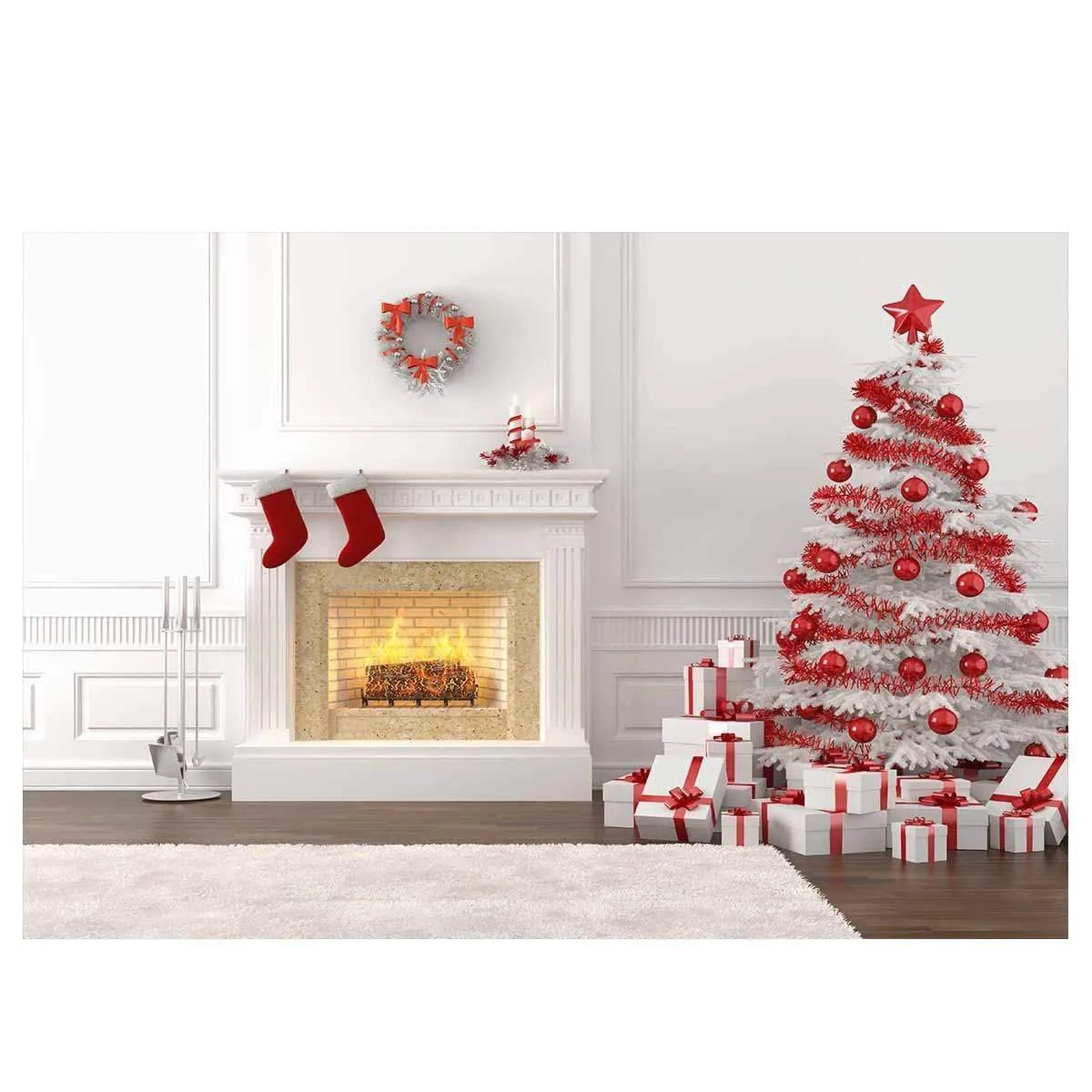 Allenjoy White Fireplace  Christmas Tree Living Room Backdrop - Allenjoystudio