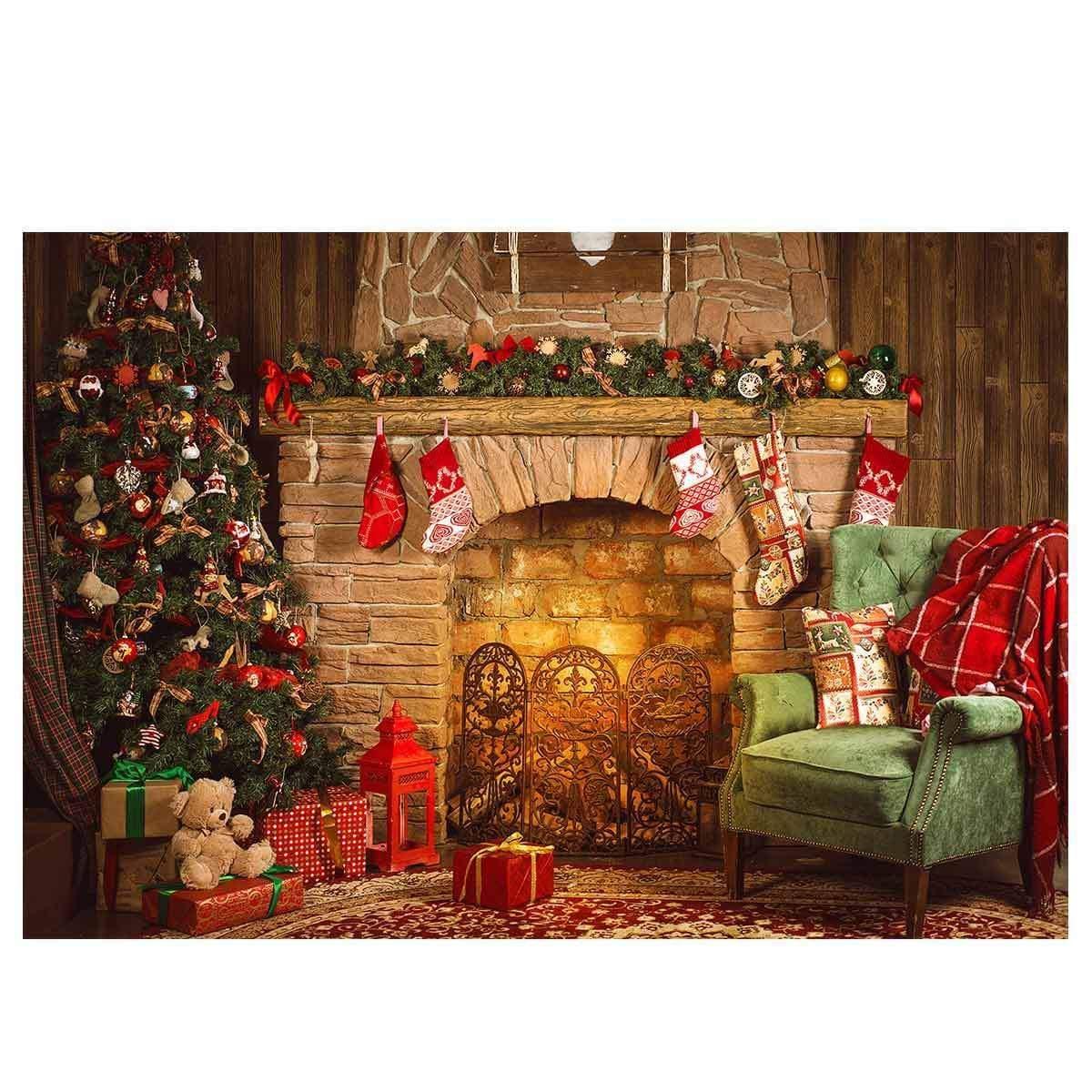 Allenjoy Christmas Tree Red Socks Hang on Fireplace Backdrop - Allenjoystudio