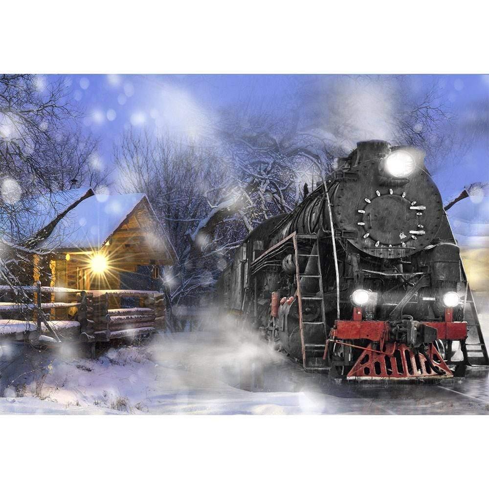 Allenjoy Winter Snowy Train Village House Backdrop - Allenjoystudio